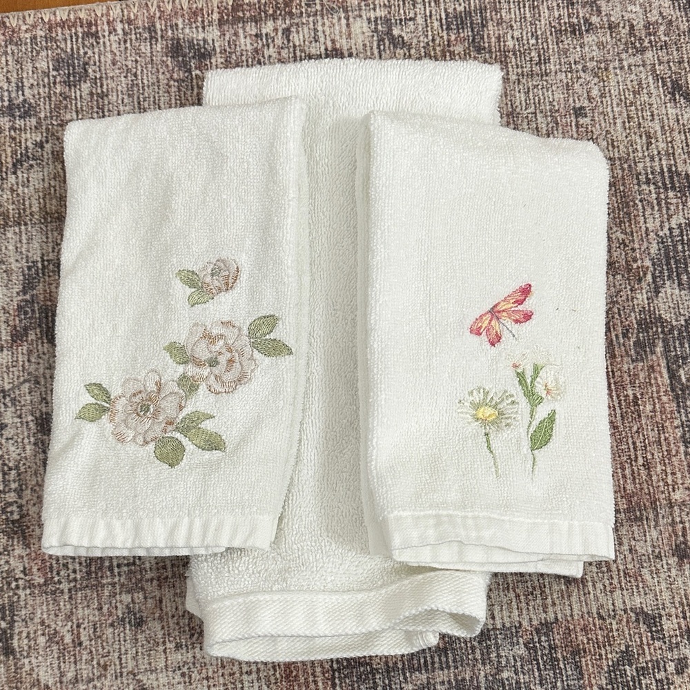 Modern Trousseau White Hand Towels with Floral & Butterfly Embroidery